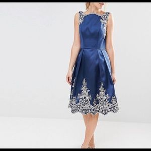 Classy Embroided Midi Dress with Metallic Lace Hem